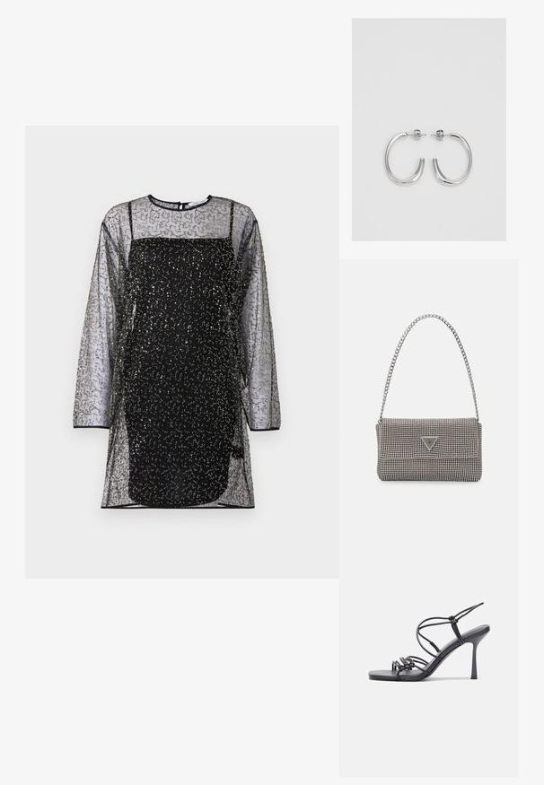 Vestido de malla negro con mangas largas, patrones decorativos de cuentas doradas y plateadas, y una capa interior negra ajustada. Escote redondeado y cierre en la espalda.; Las sandalias negras de tacón alto presentan finas correas con un diseño anudado, una punta cuadrada suave y un elegante tacón de aguja.; Bolso de mano metálico gris claro con una cadena como asa, adornado con pequeños remaches metálicos circulares y un logotipo de marca en forma triangular.; Aros de plata en forma de aro con un acabado liso y brillante. Diseño redondeado y ligero, con cierre de tipo post-back.