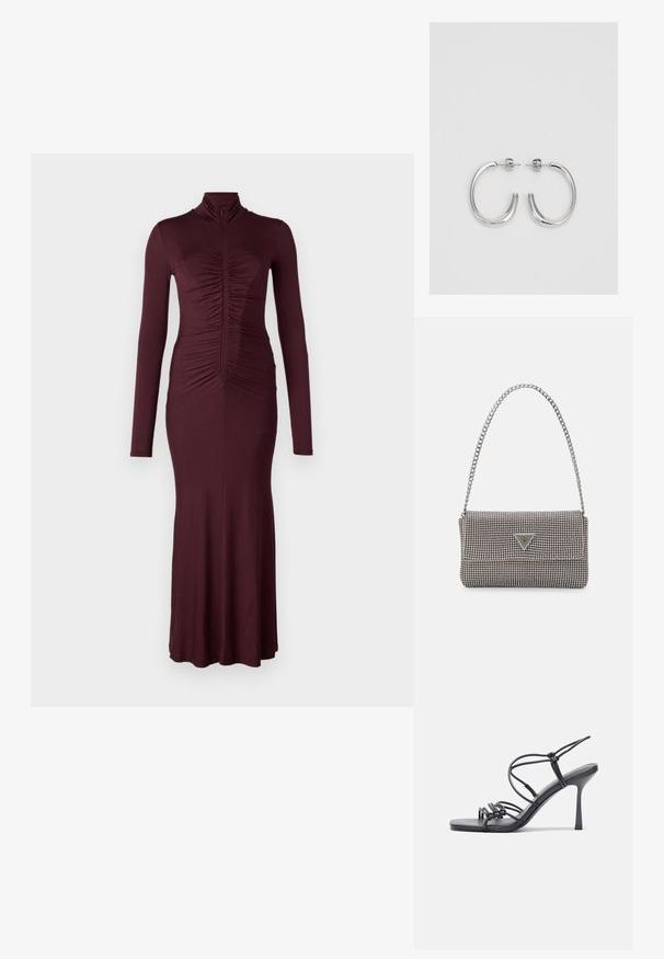 Burgundy long-sleeve dress with a mock neck, featuring gathered texture at the front, fitted silhouette, and slightly flared hem.; Black high-heeled sandals feature thin straps with a knotted design, a smooth square toe, and a sleek stiletto heel.; Light gray metallic handbag featuring a chain strap, embellished with small circular metallic studs and a triangular brand logo.; Silver hoop earrings with a smooth, shiny finish. Rounded shape, lightweight design, featuring a post-back closure.