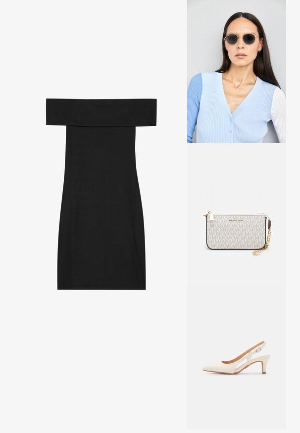 Fekete, váll nélküli ruha bordás anyagból. A design illeszkedő fazonú és egyenes szegéllyel rendelkezik, hangsúlyozva a sima textúrát.; Fehér slingback sarok, hegyes orral, sima felső anyaggal, alacsony blokk sarkával és oldalsó kivágott dizájnnal, állítható csatpánttal.; Kerek napszemüveg sötét lencsékkel és arany kerettel. A modellen világoskék, bordázott kardigán van gombokkal és kontrasztos fehér ujjaival.; Michael Kors bézs bevonatos vászon karkötő, amely ismétlődő MK logó mintával, aranyszínű fémrészletekkel és levehető lánchordóval rendelkezik.