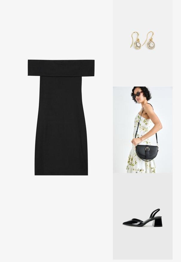 Melnas kleitas bez plecu daļas, izgatavotas no ribotas auduma. Dizains ietver pieguļošu formu un taisnu apakšmali, uzsverot gludu tekstūru.; Melna lakota āda ar atvērto papēdi, ar smailu purngalu un ģeometrisku blokpapēdi. Iezīmējas elegants, minimāls dizains un gluda tekstūra.; Melnas ādas rokassoma ar izliekta formu, noņemamu siksnu un zelta aksesuāriem. Somai ir vāciņš ar sprādzes detaļu.; Zelta tonī veidotas auskaru piekariņi ar ovālu izgriezumu caurspīdīgām kristālēm, kuras ieskauj mazākas caurspīdīgas akmeņu daļiņas, ar āķveida dizainu drošai valkāšanai.