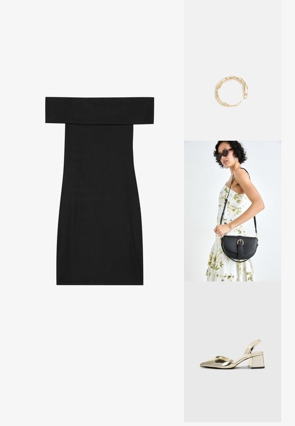 Musta olkaimeton mekko, joka on valmistettu ribatusta kankaasta. Suunnittelussa on muotoileva leikkaus ja suora helma, joka korostaa sileää pintaa.; Kultaiset, metalliset slingback-kengät, joissa on teräväkärkiset ja paksut korot. Sileä pinta, minimalistinen muotoilu ja kapea hihna.; Musta nahkainen käsilaukku, joka on kaareva muotoilultaan, irrotettavalla hihnalla ja kultaisilla yksityiskohdilla. Laukussa on läppä, jossa on solk yksityiskohta.; Kultaketju, jossa on orgaaninen, kierretty muotoilu, sileä pinta ja cappatut päät, luoden modernin, veistoksellisen ilmeen.