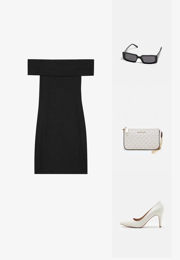 Rochie neagră, off-the-shoulder, realizată din material ribbed. Designul prezintă o formă ajustată și o margine dreaptă, evidențiind o textură netedă.; Cămașă de lac alb cu toc înalt, cu vârful ascuțit și o suprafață netedă, având un toc subțire și o deschidere tăiată jos.; Ochelari de soare negri cu rame dreptunghiulare, lentile întunecate și un finisaj lucios neted. Include temple subțiri cu un branding subtil pe lateral.; Clutch Michael Kors din canva acoperit bej, cu un model repetitiv al logo-ului MK, accesorii din aur și o curea cu lanț detașabil.; Cercei metalici aurii cu un design ondulat; suprafață netedă și reflectorizantă; formă asimetrică; fără modele sau accesorii vizibile.