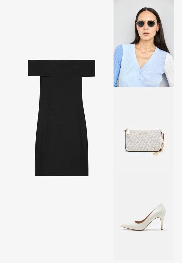 Schwarzes schulterfreies Kleid aus geripptem Stoff. Das Design hat eine taillierte Form und einen geraden Saum, der eine glatte Textur betont.; Weiße Lackleder-Pumps mit spitzer Zehenform und glatter Oberfläche, ausgestattet mit einem schmalen Absatz und einem niedrigen Schnitt um die Öffnung.; Runde Sonnenbrillen mit dunklen Gläsern und goldenen Rahmen. Das Modell trägt eine hellblaue, gerippte Strickjacke mit Knöpfen und weißen Kontrastärmeln.; Michael Kors Clutch in beige beschichtetem Canvas mit einem wiederholten MK-Logo-Muster, goldfarbener hardware und einem abnehmbaren Kettenriemen.