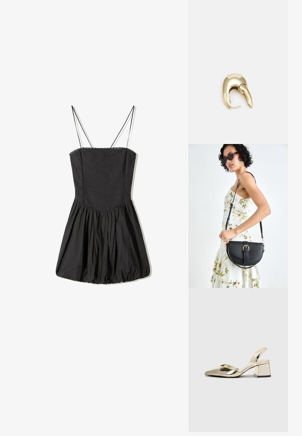 Črna obleka s tankimi naramnicami, teksturirano blago, pritegnjen korzet in nabran kroj, s čipkastim robom ob izrezu.; Zlati, kovinski slingback čeveljci z ostrim nosom in masivnim peto. Gladka tekstura, minimalistična zasnova in ozka zanka.; Črna usnjena torbica s ukrivljeno obliko, z odstranljivo naramnico in zlatimi dodatki. Torbica ima pokrov s podrobnostmi v obliki zaponke.; Uhane nakit iz zlatastega tona z gladko, ukrivljeno zasnovo. Ima edinstveno koničasto obliko, polirano površino in zaponko s tečajem.