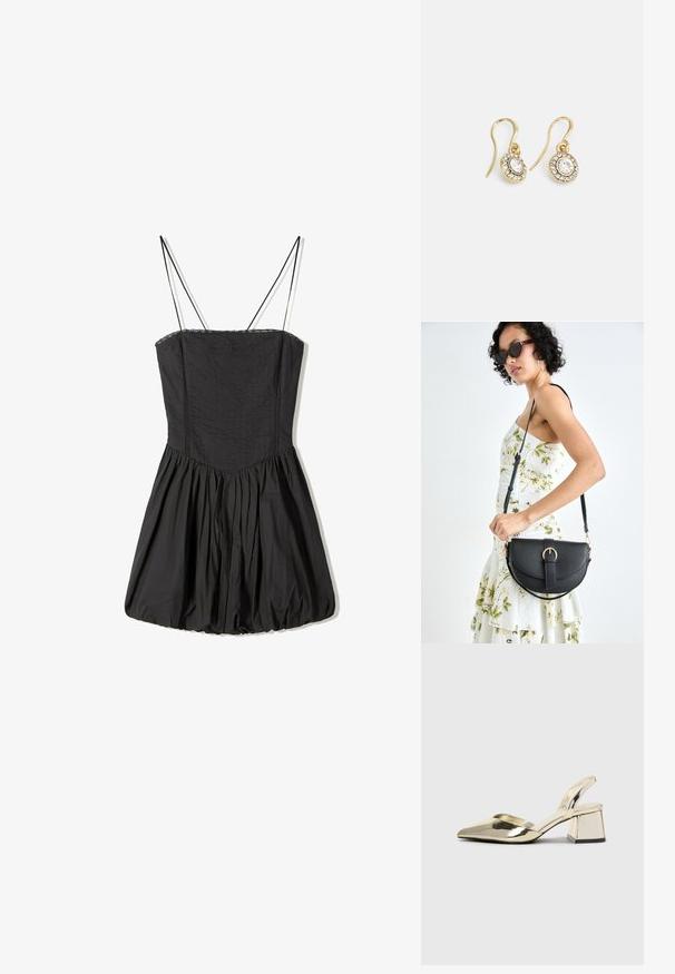 Črna obleka s tankimi naramnicami, teksturirano blago, pritegnjen korzet in nabran kroj, s čipkastim robom ob izrezu.; Zlati, kovinski slingback čeveljci z ostrim nosom in masivnim peto. Gladka tekstura, minimalistična zasnova in ozka zanka.; Črna usnjena torbica s ukrivljeno obliko, z odstranljivo naramnico in zlatimi dodatki. Torbica ima pokrov s podrobnostmi v obliki zaponke.; Zlato obarvani uhani z ovalnimi prozornimi kristali, ki jih obdajajo manjši prozorni kamenčki, s sistemom za oblačenje za varno nošenje.