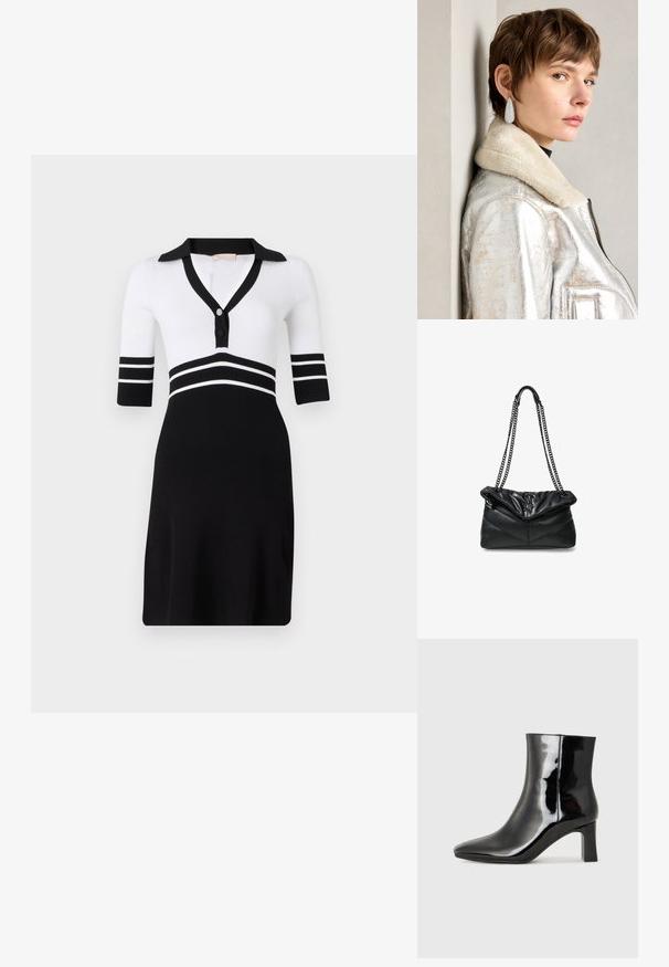 Zwart-wit geribbelde gebreide jurk met een kraag, korte mouwen en knoopsluiting. Kenmerkt zich door horizontale zwarte strepen op de taille.; Zwarte gepolijste leren enkellaars met een spitse neus en een blokhak van gemiddelde hoogte. Glad textuur en minimalistisch ontwerp.; Steve Madden BBELZ - Schoudertas - black; Zilveren metalen leren jas met een schapenwollen kraag, voorzien van een ritssluiting en een gestructureerd oppervlak. Grote druppelvormige oorbellen met heldere edelstenen.