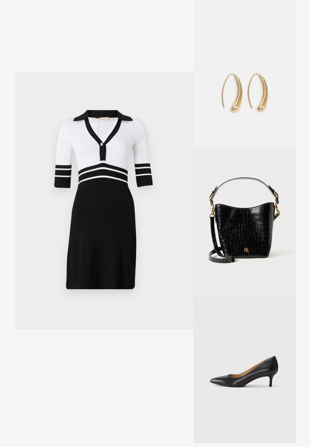 Sort og hvid ribbet strikkjole med krave, korte ærmer og knaplukning. Har vandrette sorte striber om taljen.; Sorte læderpumper med spids tå, lav hæl og en glat tekstur. Har en let åbning foran og minimal hardware bagpå.; Sort lædertaske med krokodilleprægning, rundet form, guldhardware-detaljer, justerbar rem og logodekal foran.; Guldfarvede metal hoops øreringe med en bøjet, forlænget form. Har en glat, skinnende overflade og en afrundet spids for ekstra detalje.