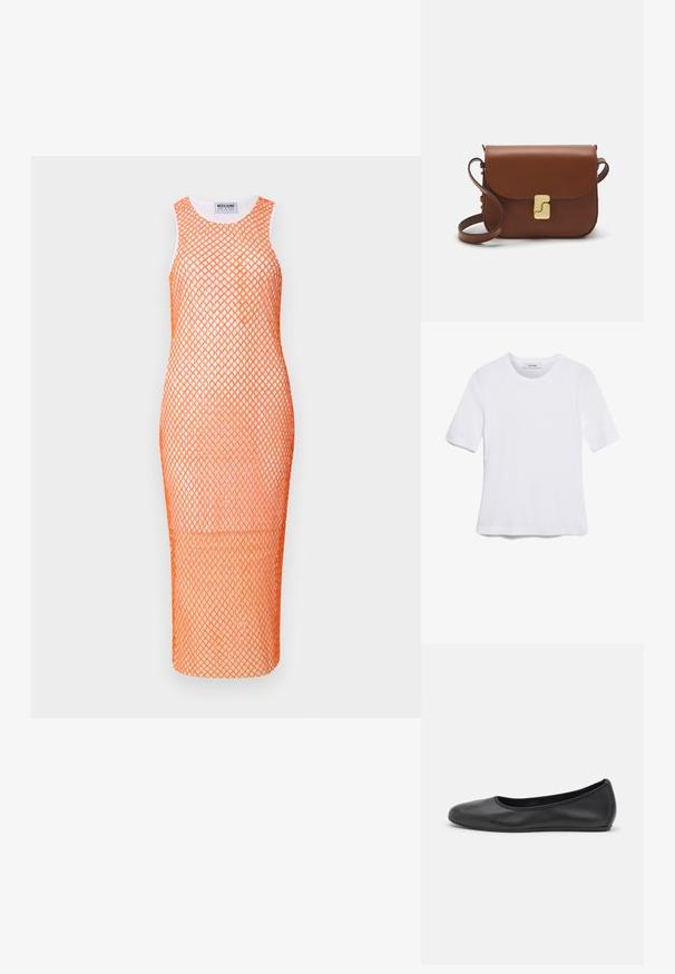 Rochie din plasă portocalie cu o siluetă mulată, design fără mâneci și un model în diamant pe întreaga suprafață. Eticheta este vizibilă la decolteu.; Tricou alb cu mânecă scurtă, confectionat dintr-un material texturat. Gât rotund, tăietură regulară și detalii subtile de cusătură. Fără modele sau grafice.; Balerini din piele neagră, cu vârf rotund, textură netedă, detalii de cusătură minimale și un design al tălpii flexibil.; Geantă de piele maro cu închidere tip capac, accesorii de culoare aurie, curea de umăr și o textură netedă. Formă compactă și rectangulară.