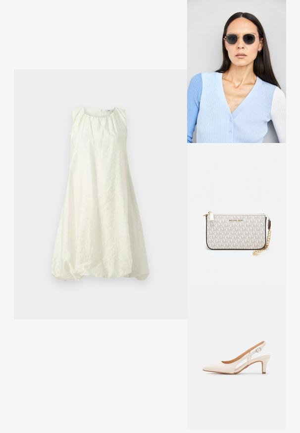 Rochie albă fără mâneci, cu un guler adunat și o formă liberă, asemănătoare unui balon. Fabricată dintr-un material texturat, se termină deasupra genunchiului.; Sandaie cu toc alb, cu vârful ascuțit, material superior neted, toc mic tip bloc și design cu decupaj lateral, cu curea ajustabilă.; Ochelari de soare rotunzi cu lentile întunecate și rame aurii. Modelul poartă un cardigan ribbed de culoare albastru deschis cu nasturi și mâneci albe în contrast.; Clutch Michael Kors din canva acoperit bej, cu un model repetitiv al logo-ului MK, accesorii din aur și o curea cu lanț detașabil.