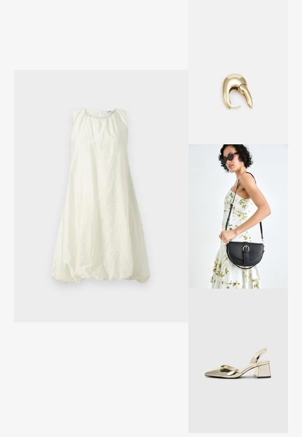 Vit ärmlös klänning med en rynkad halsringning och en lös, ballongliknande form. Tillverkad av ett texturerat tyg, faller den ovanför knäet.; Guld, metalliska slingback-klackar med spetsig tå och chunky klack. Slät textur, minimalistisk design och en smal rem.; Svart läderhandväska med en böjd form, avtagbar rem och guldiga detaljer. Väskan har ett lock med en spänndetalj.; Örhänge i guldtonad metall med en elegant, böjd design. Har en distinkt spetsig form, polerad yta och gångjärnslås.