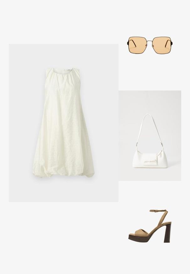 Valkoinen hihaton mekko, jossa on rypistetty pääntie ja löysä, ilmapallonomainen muoto. Valmistettu teksturoidusta kankaasta, se ulottuu polven ylle.; Beige-nahkareunaiset korkokengät, joissa on leveä etuolka ja ankle strap, varustettu paksulla puukengän korolla, jossa on tekstuuripinta.; Neliömäiset aurinkolasit ruskeilla linsseillä ja ohuella mustalla metallikehyksellä. Varusteena on kulmikkaat tempulit ja säädettävät nenätyynyt mukavuutta varten.; Valkoinen synteettinen käsilaukku, jossa on kolmikulmainen muoto, tasainen etu läppä ja nauhadetail, säädettävä olkahihna, sileä rakenne ja minimalinen muotoilu.