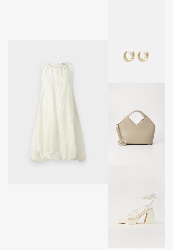 Bela brezrokavna obleka z gubanjem na vratu in ohlapnim, balonastim krojem. Narejena iz teksturiranega materiala, sega nad kolena.; Bela sandala na visokih petah s debelim petam, ki ima obliko trakcev in vezanje okoli gležnja. Gladka tekstura z platformo spredaj za dodatno višino.; Bežna strukturirana torbica s V-oblikovanim vrhom, iz gladke usnjene tkanine, s kratkimi ročaji in dolgim, nastavljivim trakom. Minimalističen dizajn.; Zlato-tonirani uhani v obliki obroča z gladko, polirano površino. Imajo obliko polkroga in varno zaponko na peto.
