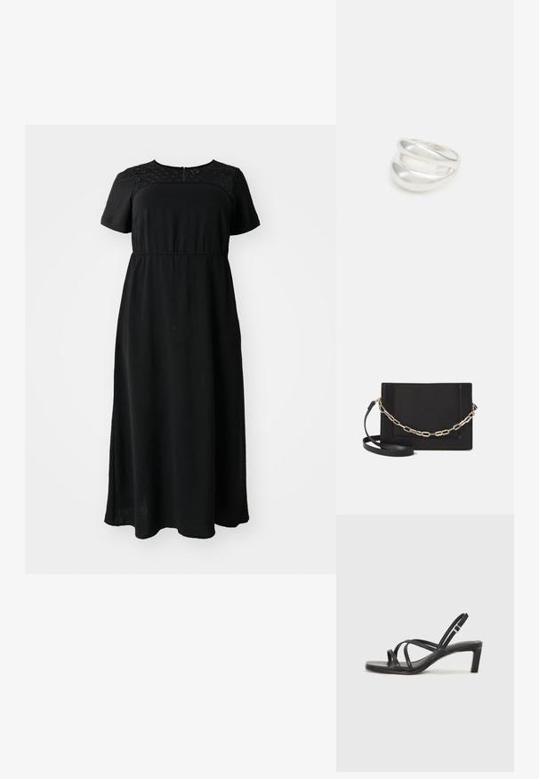 Schwarzes Maxikleid mit kurzen Ärmeln, das mit Spitzenverzierungen am Oberteil, einem runden Ausschnitt und einer gerafften Taille für eine lockere Passform versehen ist.; Schwarze Sandale mit Riemchen, quadratischer Zehenform und niedrigem Blockabsatz. Verfügt über mehrere dünne Riemen und einen verstellbaren Knöchelriemen. Hergestellt aus glattem Leder.; Schwarze Leder-Crossbody-Tasche mit glatter Textur, rechteckiger Form und metallic-kettendetail auf der Vorderseite. Verstellbarer Gurt inklusive.; Silberner Doppelring mit einer glatten, polierten Oberfläche. Verfügt über ein fließendes, kurviges Design mit überlappenden Abschnitten für einen modernen Look.