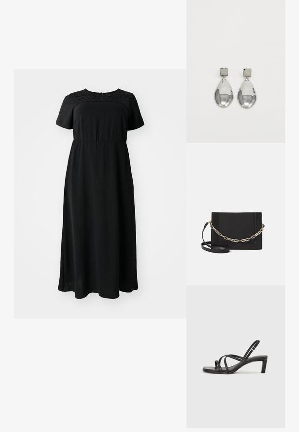 Black maxi dress with short sleeves, featuring lace detail at the bodice, round neckline, and a gathered waist for a relaxed fit.; Black strappy sandal with a square toe and a low block heel. Features multiple thin straps and an adjustable ankle strap. Made of smooth leather.; Black leather crossbody bag featuring a smooth texture, rectangular shape, and a metallic chain detail on the front. Adjustable strap included.; Silver drop earrings with a square stud, featuring a smooth, polished finish and a teardrop shape, reflecting light with a glossy surface.