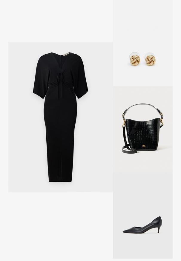 Crna haljina s kratkim kimono rukavima, detaljem vezivanja u struku i zatvaranjem na leđima. Prilagođen kroj s dugom do koljena. Glatka tekstura.; Crna kožna cipela s vrhom u špic i niskom petom. Ima glatku teksturu i suptilan sjaj. Prednji dio je otvoren za dodatni detalj.; Crna torba od kože s uzorkom krokodila, zakrivljenog oblika, s zlatnim metalnim detaljima, podesivim remenom i logotipom sprijeda.; Naušnice na stud s zlatnim tonom i uvrnutim dizajnom. Svaka naušnica ima okruglu prozirnu podlogu za sigurno nošenje.
