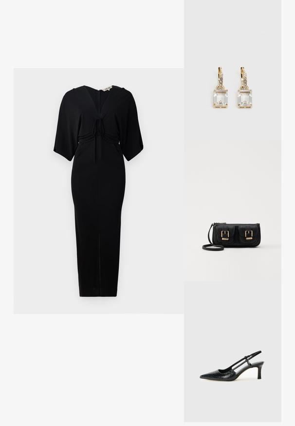 Črna obleka s kratkimi kimono rokavi, zvezanjem v pasu in zadrgo na hrbtu. Ozek kroj z dolžino do kolen. Gladka tekstura.; Črne lakaste slingback pete s koničastim nosom, ki imajo teksturiran vzorec kačje kože, nastavljiv trak in kratek teksturiran blok peto.; Črna usnjena torbica čez ramo z dvema sprednjima žepoma, zlatimi zaponkami, zadrgo in ozkim pasom. Tekstura površine je strukturirana, obliko pa ima kompaktno pravokotno.; Zlato obarvani uhani, ki vsebujejo pravokoten, prozoren kristal, obešen pod vrsto majhnih, okroglih prozornih dodatkov. Elegantna, moderna zasnova.