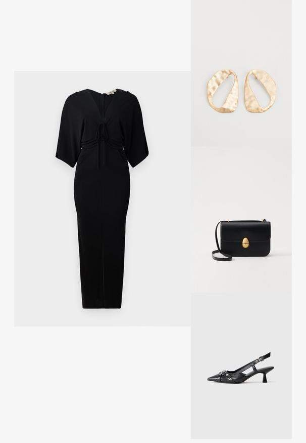 Čierne šaty s krátkymi kimono rukávmi, s detailom viazania v páse a so zipsom vzadu. Tvarovaný dizajn s dĺžkou po kolená. Hladká textúra.; Čierne kožené slingback topánky s špicatou špičkou, ozdobnými popruhmi s kovovými očkami a nízkym blokovým podpätkom. Textúrovaný povrch.; Čierna kožená kabelka so štruktúrovaným obdĺžnikovým tvarom. Obsahuje zlaté oválne zapínanie a tenký ramenný popruh. Hladká textura.; Pár nepravidelných oválnych zlatistých kovových náušníc s textúrovaným, mierne rozbitým povrchom na bielom pozadí.