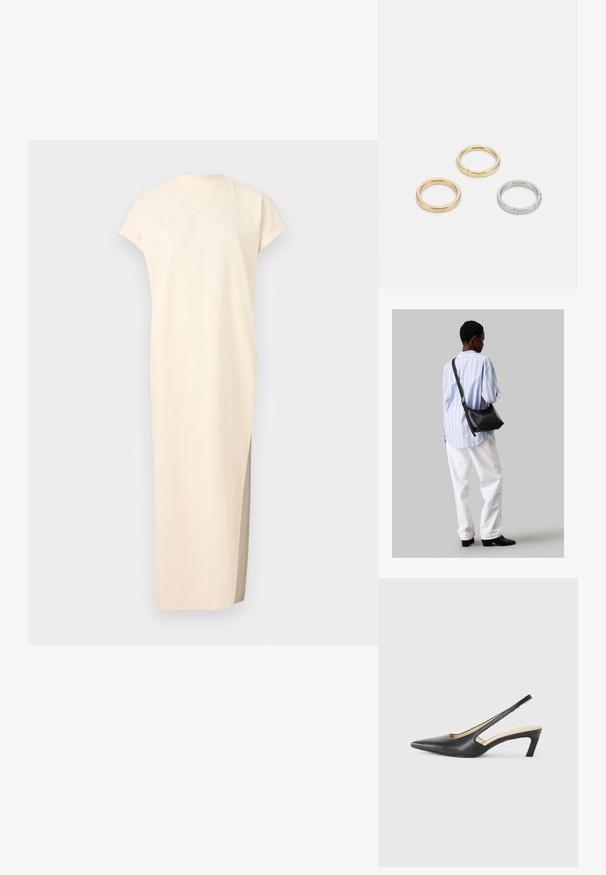 Beige maxiruha rövid ujjakkal, kerek nyakkivágással és oldalsó hasítékkal. Puha, könnyű anyagból készült, sima textúrával.; Fekete, hegyes orrú, slingback cipő alacsony sarkával, sima bőrből készült, oldalt kivágott deisgnal a légáteresztőképesség érdekében.; Fekete bőr válltáska puha tapintással, háromszög alakú, állítható pánttal, világoskék csíkos inggel és fehér nadrággal párosítva.; Három fémgyűrű: az egyik rose gold, a másik texturált akcentusokkal ellátott arany, a harmadik pedig ezüst, mindegyiken gravírozott márkajelzés található a belső sávon.