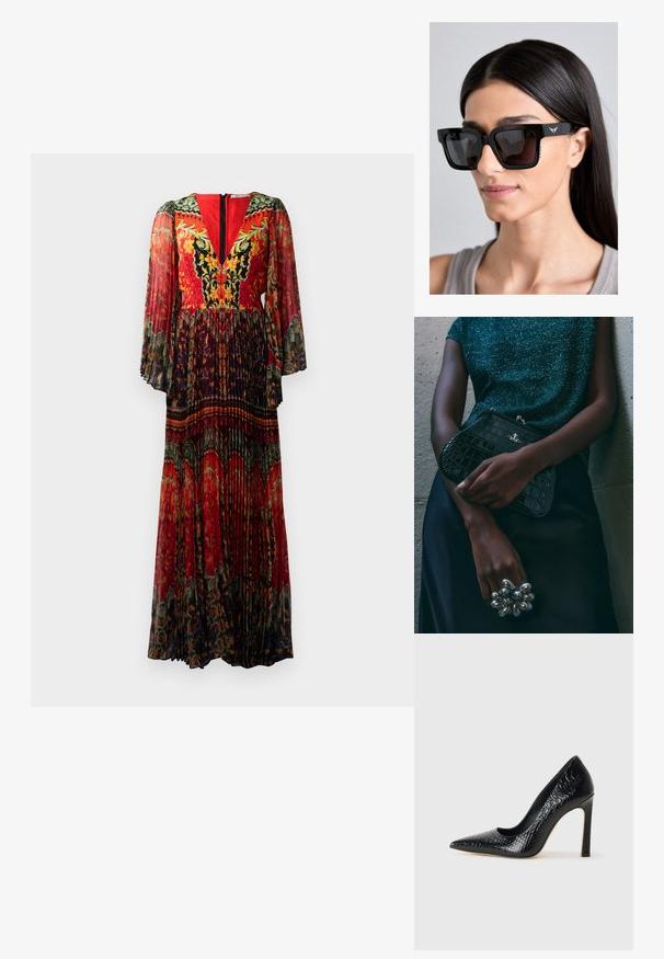 Garšīga, plīvēta kleita ar dziļu V veida izgriezumu, ko raksturo koši sarkanas un ziedu rakstu, kā arī caurspīdīgas zvana formas piedurknes ar tumšu akcenta apmalīti.; Melni augstpapēžu apavi ar norādītu purngalu, ar krokodila ādas tekstūru, izceļoties ar elegantu dizainu, augstu stiletto papēdi un gludu melnu interjeru.; Melnas lielizmēra saulesbrilles ar kvadrātveida rāmjiem, tumšām lēcām un smalku spārnu logotipa detaļu uz kājiņas. Sānos ir fakturēti akcenti.; Melna krokodilā ādas raksta rokassoma ar sudraba detaļām, turēta pretī tekstūrētai pelēkai fona. Iespējo spīdīgu virsmu.