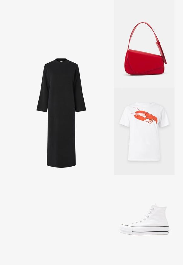 Vestido preto de manga longa com um decote alto, feito de um tecido liso e texturado. Apresenta um corte reto e cai abaixo dos joelhos.; Camiseta de algodão branca com um grande gráfico de lagosta vermelha brilhante na frente. Mangas curtas e design de gola redonda padrão.; Sapatilha alta de tela branca com sola de borracha preta, bico de borracha na frente e seis ilhós para os atacadores, apresentando um design limpo e minimalista.; Bolsa de mão em couro vermelho com um design angular e geométrico. Apresenta uma única alça ajustável e um fecho com aba, com detalhes cosidos.
