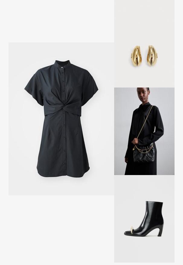 Svart, kortärmad klänning med krage, har en framvridning och knappstängning, tillverkad av ett mjukt, lätt material.; Svarta ankelstövlar i glänsande läder, med spetsig tå och en dekorativ guld- och silverdetalj framtill. Blockklackdesign.; Svart vadderad läderhandväska med en samlad topp, guldkedjeslinga och rektangulär form, hålls mot en enkel bakgrund.; Guldtonade örhängen med en flödig, böjd design. Varje örhänge har en slät yta och en liten låsning med en dekorativ detalj.