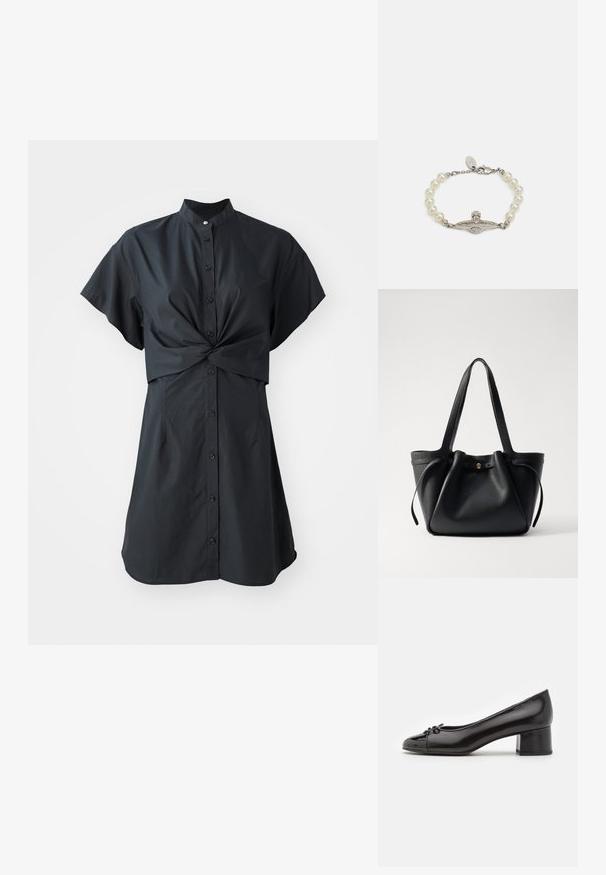Czarna, krótko-sleeve sukienka z kołnierzykiem, z detalem skrętu z przodu i zapięciem na guziki, wykonana z gładkiego, lekkiego materiału.; Czarne lakierowane szpilki z zaokrąglonym noskiem, małym kokardkowym detalem z przodu i niskim blokowym obcasem. Gładka tekstura na całej powierzchni.; Czarna skórzana torba tote z dwoma długimi ramiączkami, ściąganym topem i złotym okrągłym akcentem. Gładka tekstura i minimalistyczny design.; Czarna skórzana torba tote z dwoma długimi ramiączkami, ściąganym topem i złotym okrągłym akcentem. Gładka tekstura i minimalistyczny design.; Bransoletka z pereł z metalowymi elementami w kolorze srebra, centralnym dekoracyjnym zapięciem o geometrycznym wzorze i małymi cyrkoniami, zakończona zapięciem typu homar.