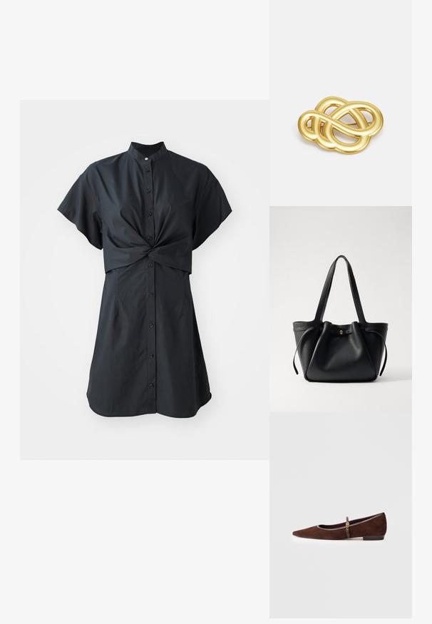 Abito nero a maniche corte con colletto, presenta un dettaglio torciglione frontale e chiusura con bottoni, realizzato in un tessuto liscio e leggero.; Scarpa piatta in suède marrone con punta affilata, caratterizzata da una sottile cinturino e un accento in metallo dorato. La scarpa ha un tacco basso e bordi grigi.; Borsa a spalla in pelle nera con due manici lunghi, parte superiore arricciata e un accento circolare dorato. Texture liscia con un design minimalista.; Spilla in oro con un design annodato caratterizzato da linee morbide e curve e una forma intricata, che riflette una finitura lucida.