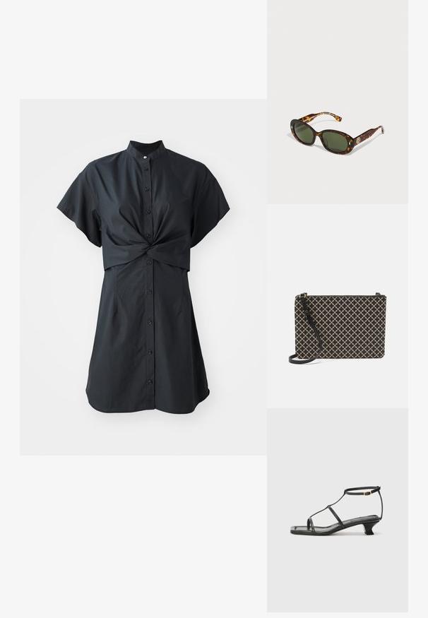 Vestido negro de manga corta con cuello, presenta un detalle de torsión en la parte delantera y cierre de botones, hecho de una tela suave y ligera.; Sandal de cuero negro con punta cuadrada, correas delgadas, correa ajustable en el tobillo y un tacón bajo. Presenta un pequeño detalle dorado en la correa.; Gafas de sol carey con lentes verdes, de forma ovalada, que presentan un logotipo dorado en los laterales y un acabado liso y brillante.; Bolso de mano de patrón negro y beige con forma rectangular, que presenta un diseño entrecruzado, un cierre de cremallera y una correa negra desmontable.