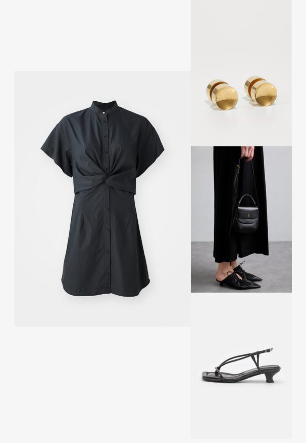 Čierne šaty s krátkym rukávom a golierom, s predným twistom a zapínaním na gombíky, vyrobené z hladkej, ľahkej tkaniny.; Čierne kožené sandále s tenkými remienkami, nízkym blokovým opätkom a štvorcovou špičkou. Majú pracku na uzatvorenie a hladký povrch.; Malá čierna kožená kabelka zaobleného tvaru, s hornou rukoväťou a odnímateľným popruhom. Nosená s čiernymi látkovými šatami a čiernymi plisovanými topánkami.; Zlaté kovové náušnice so jednoduchým okrúhlym tvarom, ktoré majú hladký povrch a centrálne lesklé pásiky. Majú priemer približne 1 cm.