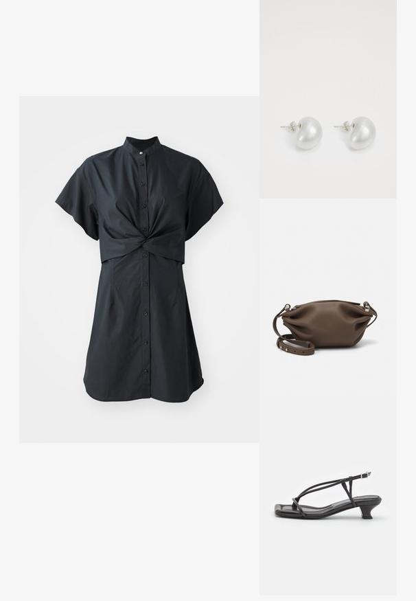 Rochie neagră, cu mânecă scurtă, dotată cu guler, prezintă un detaliu de răsucire în față și închidere cu nasturi, confecționată dintr-un material neted și ușor.; Sandale negre din piele cu curele subțiri, toc mic pătrat și vârf pătrat. Prezintă o închidere cu cataramă și o textură netedă.; Geantă de mână din piele maronie, cu un design moale și structurat, având un sistem de închidere cu fermoar superior și o curea ajustabilă cu accente de hardware argintiu.; Cercei din perlă argintie cu o formă curbată, asemănătoare unei boabe. Suprafață netedă și strălucitoare, asigurată cu un sistem de fixare tip tijă și spate.
