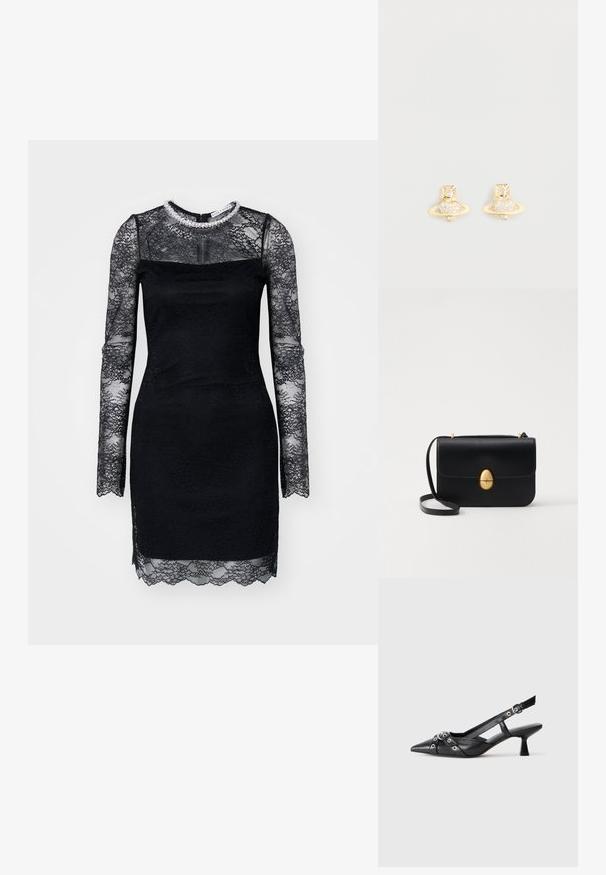 Černé krajkové šaty s dlouhými rukávy, které mají průhledný krajkový trup, vlnkovaný lem a zdobený výstřih. Přiléhavý střih.; Černé kožené slingback boty s špičatou špičkou, dekorativními pásky s kovovými očky a nízkým blokovým podpatkem. Texturovaný povrch.; Černá kožená kabelka se strukturovaným obdélníkovým tvarem. Obsahuje zlatou oválnou sponu a tenký ramenní popruh. Hladký povrch.; Náušnice s pozlacenými cvoky ve tvaru Saturnu, s texturovaným páskem a vsazenými kulatými krystaly pro zvýraznění třpytu.