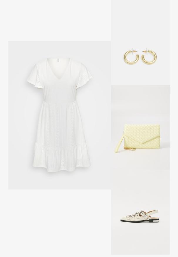 Fehér pamutruha V-nyakkal, rövid fodros ujjakkal és többlépcsős fodros szegéllyel. Hímzéssel és apró kivágott mintákkal díszítve.; Fehér bőr slingback szandál, több széles pánttal és ezüst csatokkal; lapos talp, kis fekete sarokkal és fémes díszítésekkel.; Sárga szőtt pénztárca, hajtogatott dizájnnal, levehető csuklópánttal és arany színű lánc díszítéssel. Simább textúra és téglalap alak.; Arany fülbevalók sima, fényes felülettel. Kör alakú dizájn, amely kis kapoccsal és átlátszó tartozékkal rendelkezik a biztonságos viselés érdekében.