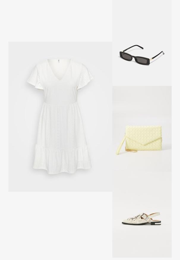 Fehér pamutruha V-nyakkal, rövid fodros ujjakkal és többlépcsős fodros szegéllyel. Hímzéssel és apró kivágott mintákkal díszítve.; Fehér bőr slingback szandál, több széles pánttal és ezüst csatokkal; lapos talp, kis fekete sarokkal és fémes díszítésekkel.; Fekete téglalap alakú napszemüveg sötét lencsékkel, fényes műanyag kerettel, arany díszítéssel az temples. Minimalista design és elegáns forma.; Sárga szőtt pénztárca, hajtogatott dizájnnal, levehető csuklópánttal és arany színű lánc díszítéssel. Simább textúra és téglalap alak.; Arany fülbevalók sima, fényes felülettel. Kör alakú dizájn, amely kis kapoccsal és átlátszó tartozékkal rendelkezik a biztonságos viselés érdekében.