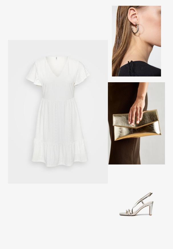 Rochie albă din bumbac, cu decolteu în V, mâneci scurte cu volane și tiv cu fâșii suprapuse. Are broderie și modele mici decupate pe tot parcursul.; Sandalie cu toc înalt, metalice, argintii, cu vârful deschis, având trei bretele subțiri peste picior și o bretea pentru gleznă cu cataramă.; Geantă de mână metalică aurie cu o textură netedă, având un închizător în formă de triunghi. Mâna care o ține are unghii frumos îngrijite.; Cercel din argint cu un finisaj polișat, având detalii mici din aur și o formă rotundă, purtat pe lobul urechii.