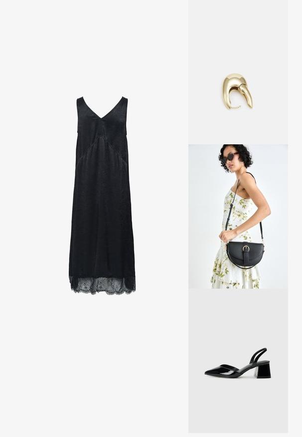 Melna bez piedurknēm kleita ar V-veida kakla izgriezumu, teksturētu audumu un mežģīņu apdari ap apakšējo malu. Ar diagonālu šuvju detaļu.; Melna lakota āda ar atvērto papēdi, ar smailu purngalu un ģeometrisku blokpapēdi. Iezīmējas elegants, minimāls dizains un gluda tekstūra.; Melnas ādas rokassoma ar izliekta formu, noņemamu siksnu un zelta aksesuāriem. Somai ir vāciņš ar sprādzes detaļu.; Zeltīti metāla auskari ar gludu, izliekta dizaina. Ar atšķirīgu smailu formu, pulētu virsmu un eņģu aizdari.