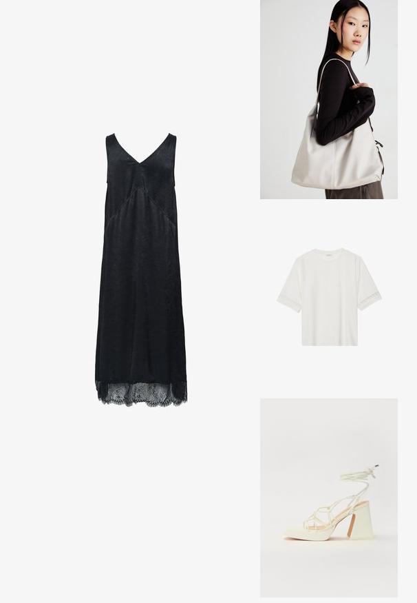 Abito nero senza maniche con scollatura a V, in tessuto texture e rifinitura in pizzo all'orlo. Presenta un dettaglio di cucitura diagonale.; T-shirt bianco a maniche corte in cotone, con bordi in pizzo decorativi lungo le maniche e scollo rotondo.; Sandalo bianco con tacco alto, caratterizzato da un design a cinturini e un legaccio alla caviglia. Texture liscia con una piattaforma frontale per un'altezza aggiuntiva.; Borsa a mano beige realizzata in materiale morbido, caratterizzata da un design morbido, dettagli cuciti e due manici. Adatta per l'uso quotidiano.