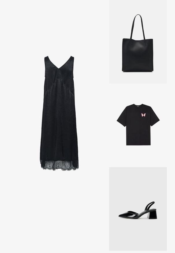 Crna haljina bez rukava s V-izrezom, teksturiranom tkaninom i čipkastim rubom. Sadrži dijagonalni detalj šivanja.; Crna pamučna majica s kratkim rukavima, s malim grafičkim prikazom ružičaste vjetricaste s desne strane na prsima. Dizajn s okruglim izrezom i opuštenim krojem.; Crne lakirane kožne sandale s otvorenom petom i špicastim vrhom, s geometrijskom blok petom. Imaju elegantan, minimalistički dizajn i glatku teksturu.; Crna kožna torba za nošenje s glatkom teksturom, pravokutnim oblikom i dvije duge ručke. Nema vidljivih metalnih dijelova ili ukrasa.