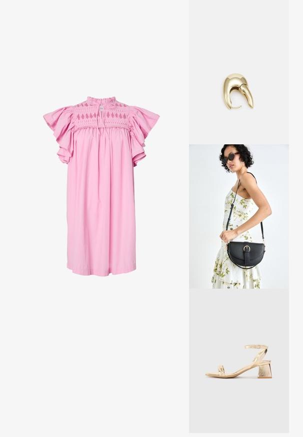 Rožinė laisva suknelė su trumpomis ruffle rankovėmis, smockuota viršutinė krūtinės dalis su deimanto formos skylutėmis ir užsegimu viršuje.; Aukso metalinis kulnas sandalai su kampiniu bloku, dviem dirželiais virš pėdos ir reguliuojamu kulkšnies dirželiu. Lygus paviršius.; Juodas odinis krepšys su išlenkta forma, nuimamu dirželiu ir auksiniais detalėmis. Krepšys turi kilpą su sagtimi.; Aukso tono metalinės auskarai su stilingu, kreiviu dizainu. Išsiskiria ryškiu smailiu pavidalu, poliruota paviršiumi ir užsegimu su vyriu.