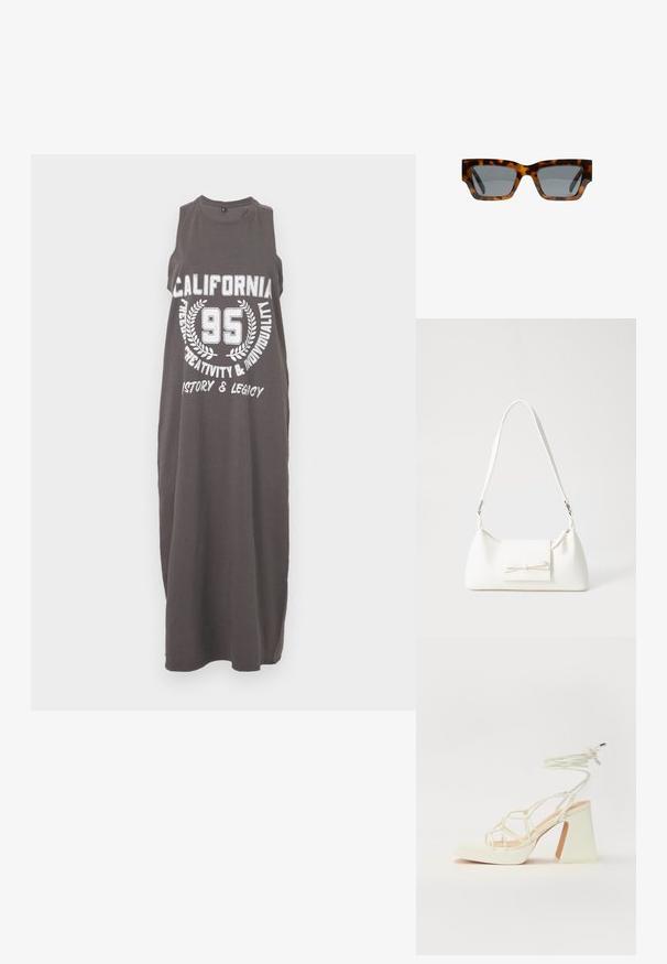 Szara, bezrękawnikowa sukienka maxi wykonana z bawełny. Zawiera biały nadrukowany tekst: "CALIFORNIA 95" z akcentami laurowymi i dodatkowymi frazami.; Biała sandał na wysokim obcasie z masywnym słupkiem, z paskowym wzorem i wiązaniem przy kostce. Gładka faktura z platformą z przodu dla dodatkowej wysokości.; Okulary przeciwsłoneczne z wzorem w tortoise z kanciastymi oprawkami, szarymi szkłami i gładkim wykończeniem. Posiadają odważny geometryczny design i grube zauszniki.; Biała syntetyczna torba o trójkątnym kształcie, płaskim przednim klapce i detalach w postaci kokardy, regulowanym pasku, gładkiej fakturze oraz minimalistycznym designie.