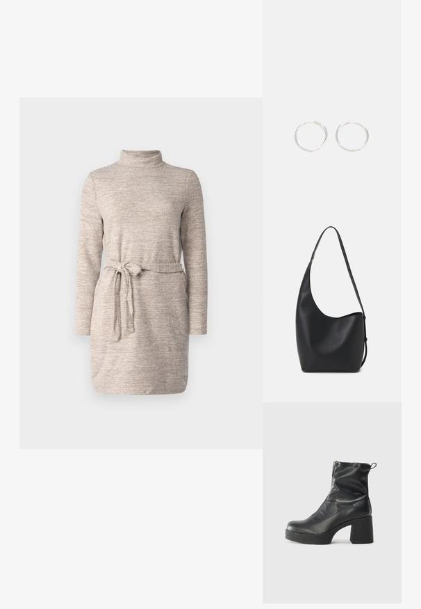 Garais piedurknes, gaiši brūns kleita ar augstu apkakli un auduma jostu. Mīksta tekstūra ar nedaudz plankumainu rakstu. Vienkāršs, brīvs piegriezums.; Melni potītes zābaki, kas izgatavoti no gludas ādas, ar sānu rāvējslēdzēju, masīvu strukturētu papēdi un noapaļotu purngalu.; Melnas ādas hobo soma ar gludu tekstūru, izliekta forma un vienu regulējamu jostu; augšā ir plaša atvere.; Sudraba riņķa auskari ar elegantu, apaļu dizainu, kas izceļas ar gludu virsmu un bez redzamām rotājumām. Diametrs netiek norādīts.