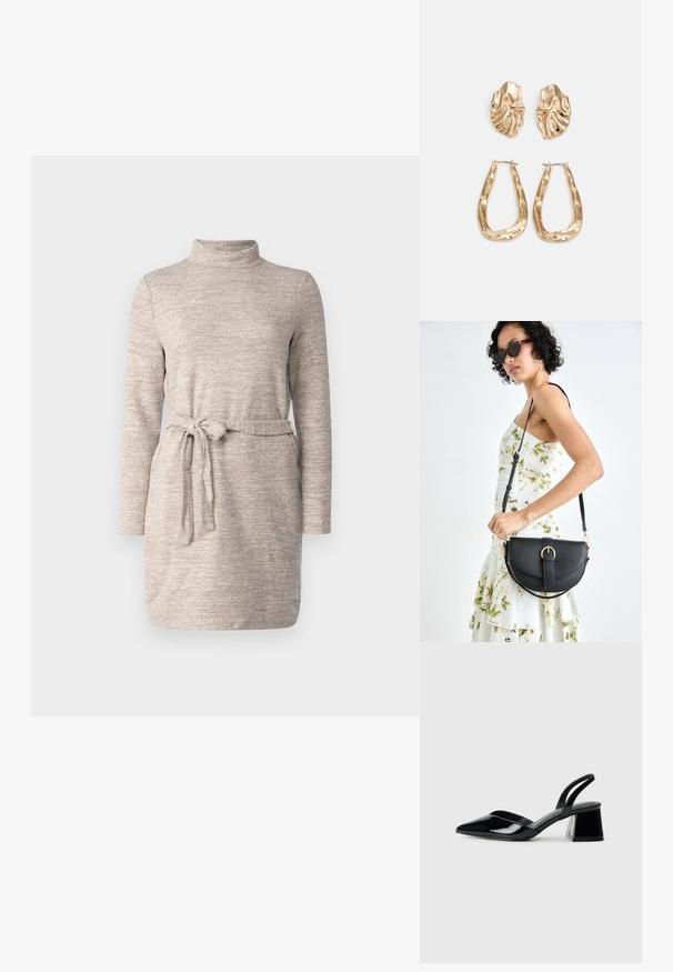 Hosszú ujjú, világosbarna ruha, magas nyakú kivágással és szövetövével. Puha tapintású, enyhén foltos mintázatú. Egyszerű, laza fazon.; Fekete lakk bőr szandálkés magas sarkú cipő, hegyes orral és geometrikus tömbsarkakkal. Karcsú, minimalista dizájn és sima textúra jellemzi.; Fekete bőrtáska ívelt formával, levehető pánttal és arany színű fémrészekkel. A táskán egy csattal díszített fedél található.; Aranyszínű fülbevalók, texturált, hullámos formákkal. Tartalmazza a szobrászati klipszes studokat és az open hoop kialakítást, kalapácsos felülettel.