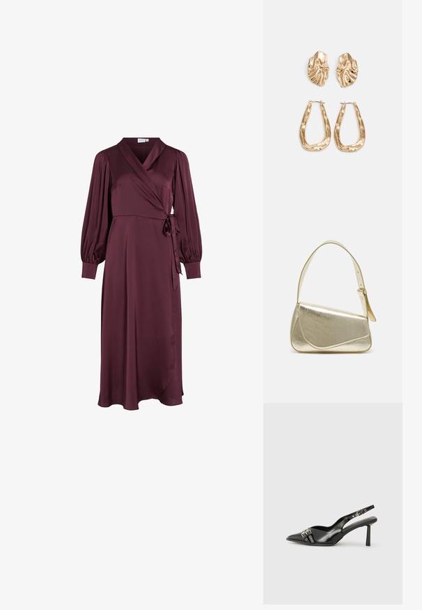 Burgundy omslagskjole med lange pufærmer, knyttet talje og en flydende silhuet. Lavet af glat stof med v-udskæring og blød fald.; Sorte patenterede læderslagback sko med spids tå, ankleremme med sølvspænder og hardware samt en slank hæl.; Guldmetallisk håndtaske med et struktureret design, glat tekstur og justerbar rem. Har en unik trekantet form og minimalistisk syning.; Guldtonede øreringe med teksturerede, bølgede former. Inkluderer skulpturelle clips og en åben ringdesign med en hamret finish.