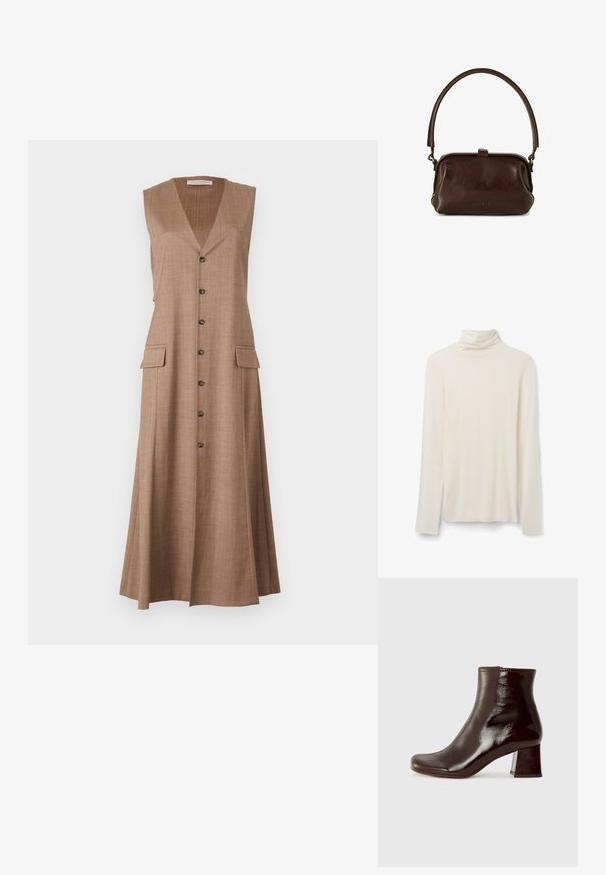 Brun ärmlös klänning med v-ringning, knappfront och två fickor; tillverkad av texturerad, rutad tyg, med en utsvängd nederkant.; Cremfärgad turtleneck långärmad skjorta gjord av mjukt material, med en åtsittande krage och en enkel design med långa ärmar och rak nederkant.; Chie Mihara MUKI - Stövletter med kilklack - sucre choco; BALAGAN ROHA - Handväska - dark brown