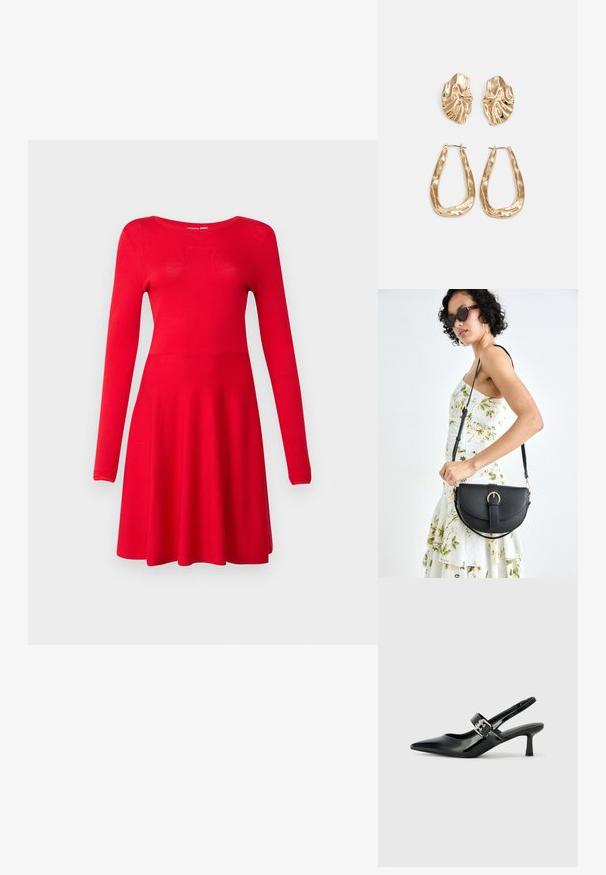 Vestido longo vermelho de mangas compridas em tecido jersey, com um corpete justo e saia arredondada. Textura suave e decote redondo.; Saltos slingback em verniz preto com bico pontiagudo e um pequeno salto bloco, apresentando um detalhe de fivela prateada na tira.; Bolsa de couro preta com forma curva, alça destacável e detalhes em dourado. A bolsa possui uma aba com detalhe de fivela.; Brincos em tom de ouro com formas onduladas e texturizadas. Inclui studs escultóricos com presilha e um design de argola aberta com um acabamento martelado.