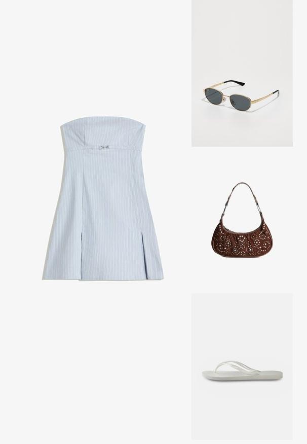 Brezramni lahki modri obleki z navpičnimi belimi črtami, z oprijetim zgornjim delom in dvema sprednjima razporkoma, narejeni iz gladkega materiala. Srebrni dodatki.; Bela natikača s teksturirano podplatom, koja ima tanke trakice i ravni dizajn. Napravljena od gume s suptilnim logotipom na ulošku.; Zlate kovinske sončne očala z ovalnimi sivo-besedilnimi lečami, tankimi ročaji in črnimi plastičnimi konicami. Imajo logotip na okvirju in prilagodljive nosne blazinice.; Rjava semišasta torbica za rame v obliki srpa, okrašena s srebrnimi in zlatimi okroglimi zakovicami v cvetličnih in krožnih vzorcih.