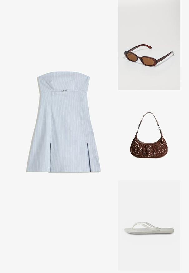 Šaty bez ramienok, svetlomodrej farby s vertikálnymi bielymi pruhmi, s priliehavým vrchom a dvoma prednými rozparkami, vyrobené z hladkej látky. Strieborné detaily.; Biele žabky s textúrovanou podrážkou, tenkými popruhmi a plochým dizajnom. Vyrobené z gumy s jemným logom na podošve.; Okrúhle slnečné okuliare s hnedým nádychom a lesklým burgundským rámom. Úzke ramená s jemným brandovaním. Plochej šošovky dizajn.; Hnedá semišová kabelka na rameno s polkruhovým tvarom, zdobená striebornými a zlatými okrúhlymi cvokmi v kvetinových a kruhových vzoroch.
