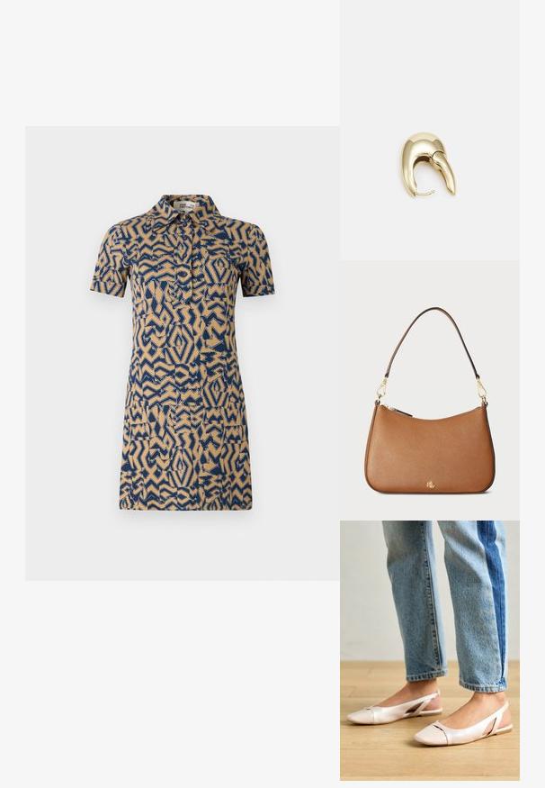 Trumpas rankovės sijonas smėlinės spalvos su mėlynais geometriniais raštais. Yra apykaklė ir mygtukų užsegimas priekyje.; Šviesiai rožiniai slingback baleto bateliai su smailiu pirštu, pagaminti iš lygios odai panašios medžiagos. Yra išpjovimų detalės šonuose ir plokščias kulnas.; Ruda tekstūruota odinė rankinė su kreiviuoju pavidalu, auksinės spalvos detalėmis ir vienu peties dirželiu. Yra užtrauktukas ir logotipo detalė.; Aukso tono metalinės auskarai su stilingu, kreiviu dizainu. Išsiskiria ryškiu smailiu pavidalu, poliruota paviršiumi ir užsegimu su vyriu.