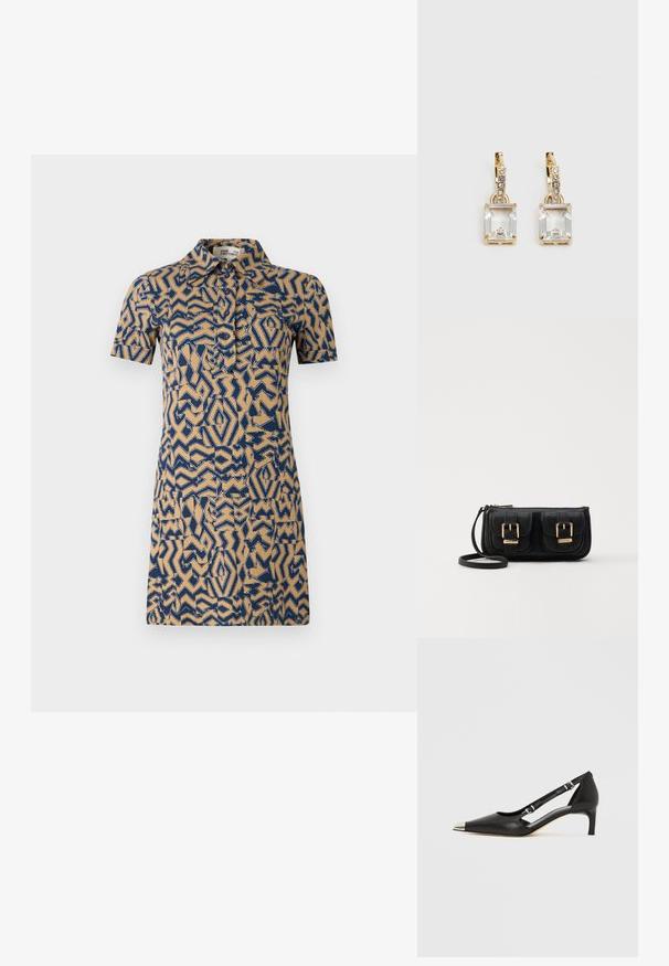 Beigā īsām piedurknēm kleita ar zilu ģeometrisku rakstu. Izceļas ar apkakles veida kaklu un pogu aizdari.; Melns ādas kurpju pāris ar zemu papēdi, smailu sudraba purngali un diviem sprādzēm uz balta fona.; Melnas ādas crossbody soma ar divām priekšējām kabatām, zelta sprādzēm, ar rāvējslēdzēju aizdari un šauru siksnu. Strukturēta virsma un kompakta taisnstūra forma.; Zeltītas auskaru rotas, kuru centrā ir taisnstūra formas caurspīdīgs kristāls, kas karājas zem mazu, apaļu caurspīdīgu akcentu rindas. Elegants, mūsdienīgs dizains.