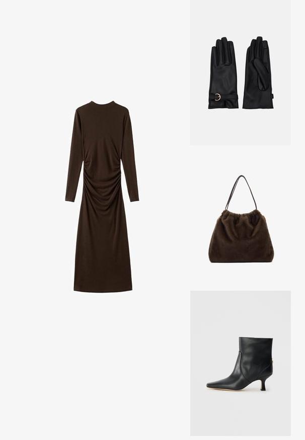 Pitkähihainen ruskea mekko, joka on valmistettu pehmeästä kankaasta ja jossa on rypytetty sivusuunnitelma. Mekossa on korkea kaulus ja vartalonmyötäinen siluetti.; Musta nahkainen nilkkaboots, jossa on terävä kärki ja pieni, neliömäinen korko. Ominaisuuksia ovat sileä pinta ja minimalistinen muotoilu sivusaumadetaileilla.; Ruskea karvainen laukku pehmeällä pinnalla, kerätty yläosa ja kaksi hoikkaa olkahihnaa. Muotoilussa on pyöreä muoto ilman näkyvää varustusta.; Pieces PCJEA SMART GLOVES - Sormikkaat - black