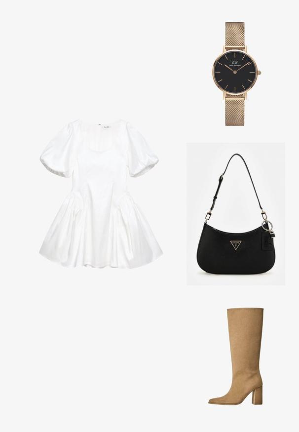 Witte jurk met pofmouwen van soepele stof, met een ronde halslijn, geplooide zijkanten en een uitlopende rok. Ritsluiting aan de achterkant.; Tan kleurige suède laarzen tot de knie met een blokhak, voorzien van een spitse neus en een gladde textuur. Minimalistisch ontwerp zonder versieringen.; Zwarte synthetische schoudertas met een gebogen silhouet, textuurafwerking, gouden driehoeklogo en afneembare hardwareaccenten.; Gouden mesh bandhorloge van Daniel Wellington met een ronde zwarte wijzerplaat, gouden uurmarkeringen en logo op 12 uur. Eenvoudig, elegant ontwerp.